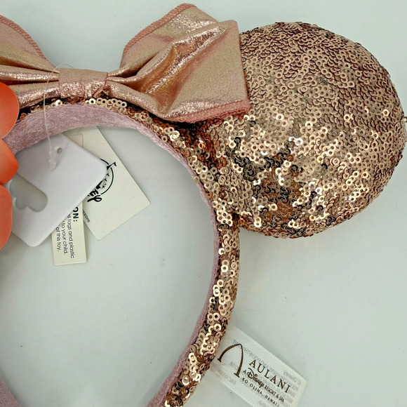 New Disney Aulani Hawaii Rose Gold Plumeria Minnie Mouse Sequined Ear Headband - Picture 3 of 11